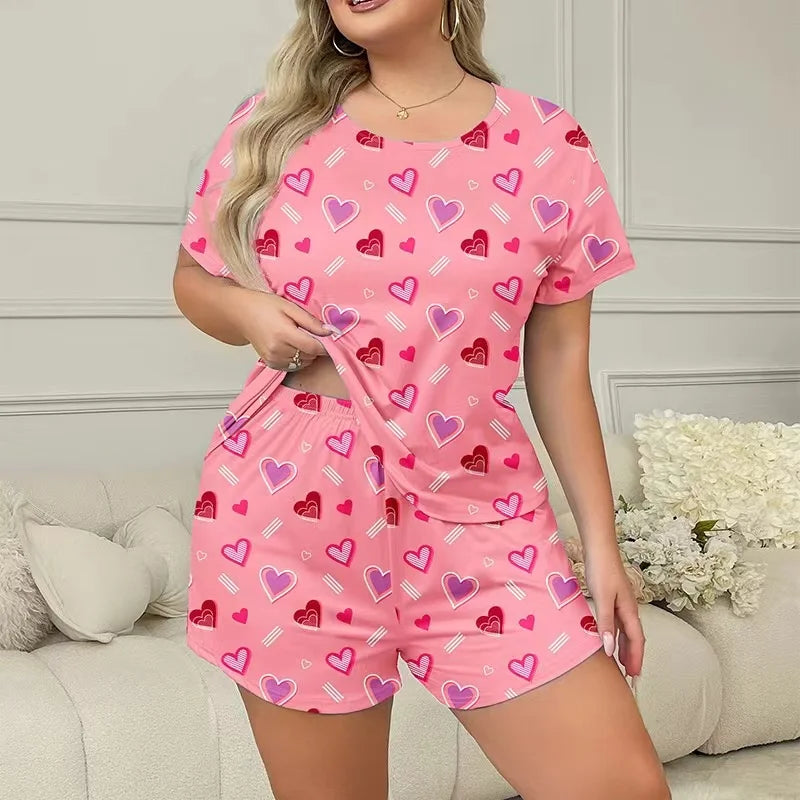 Pink Heart Print Women Sleepwear Pajama Set Nightgowns Short Sleeve Tee and Shorts Nightclothes 3XL 4XL 5XL Smooth