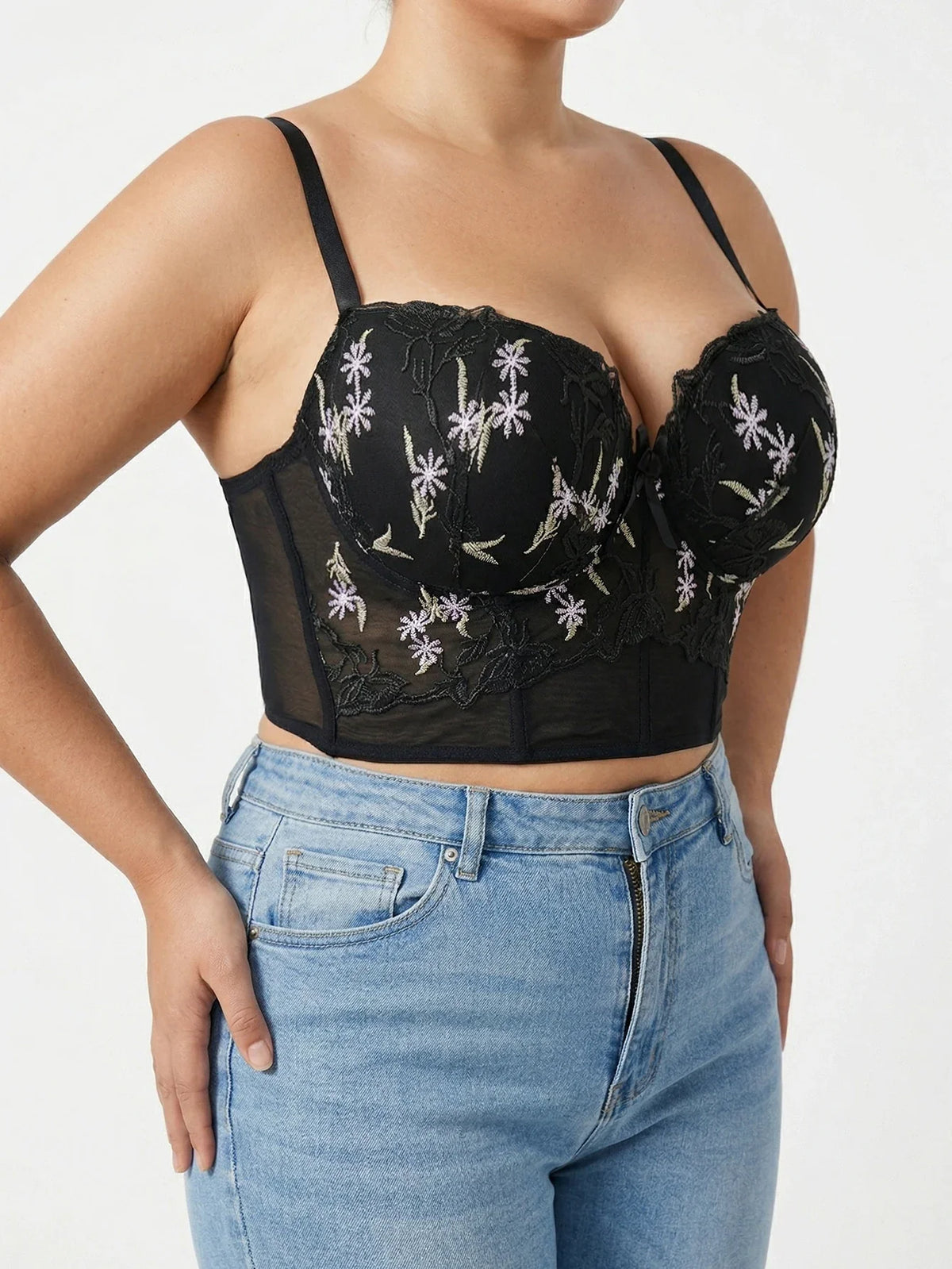 Floral Embroidered Lace Bustier Bra – Push Up, Tummy Control & Non-Slip Corset Top