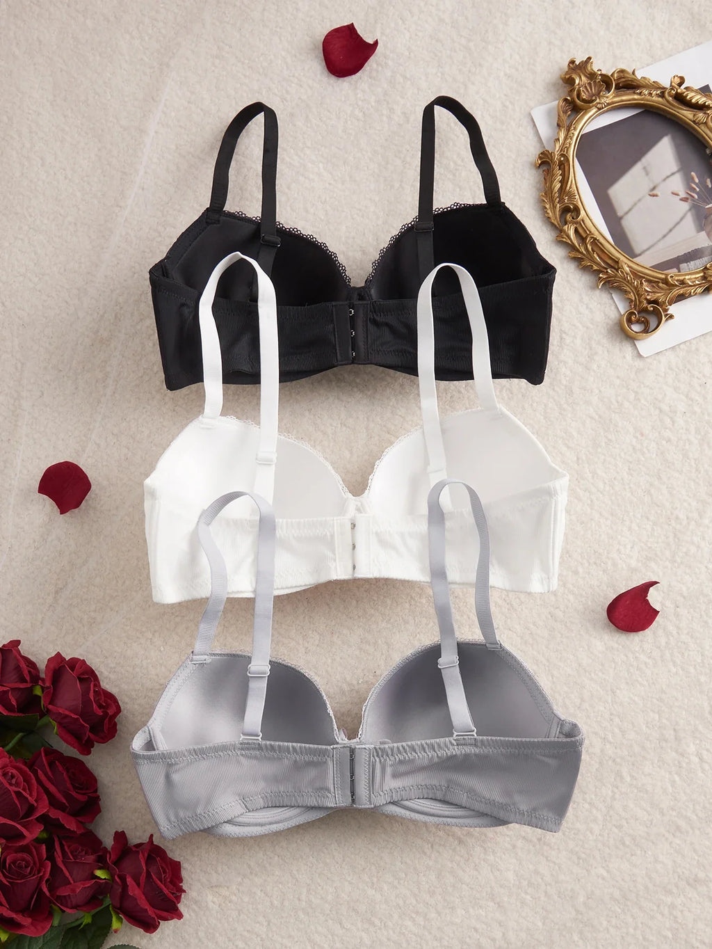 3Pcs Women's Bras Lace Trim B C D E Thin Cup Ribbed Push up Bra Underwire Side Support Soft Women's Underwear Set