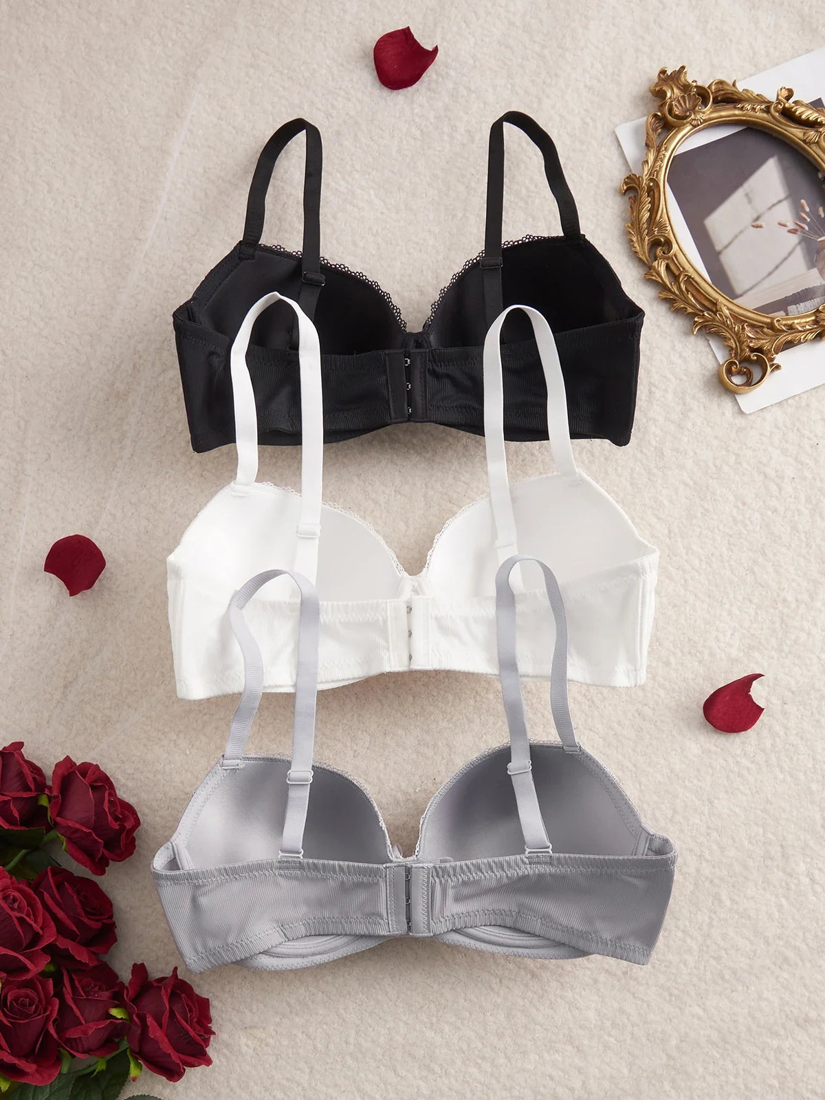 3Pcs Women's Bras Lace Trim B C D E Thin Cup Ribbed Push up Bra Underwire Side Support Soft Women's Underwear Set