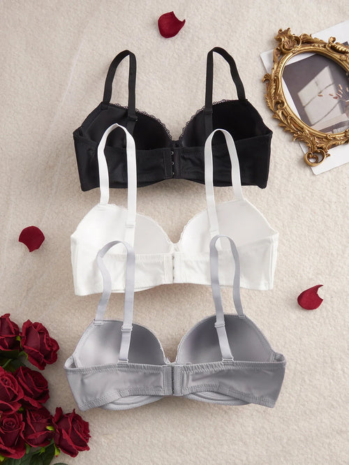 3Pcs Women's Bras Lace Trim B C D E Thin Cup Ribbed Push up Bra Underwire Side Support Soft Women's Underwear Set