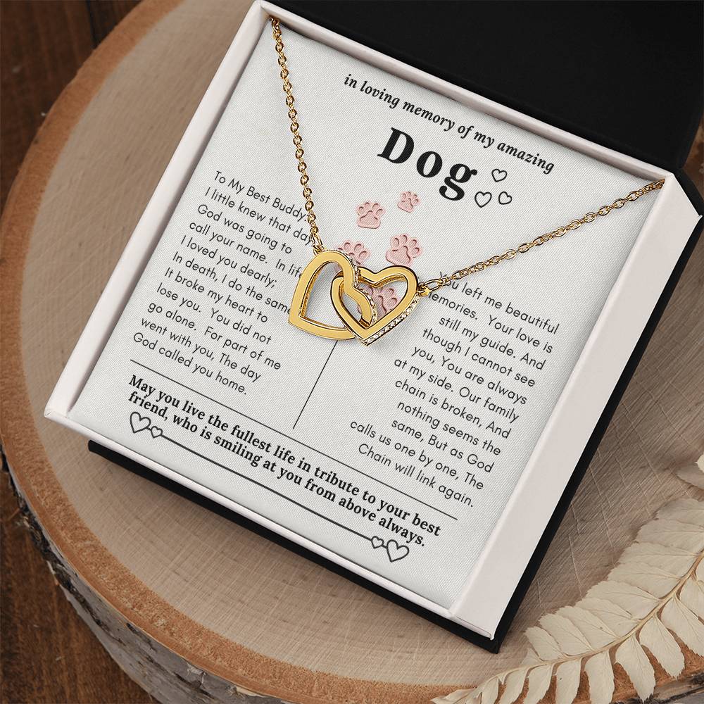 Dog Memorial In Loving Memory Necklace Set Message Card Jewelry Box Interlocking Hearts Necklace