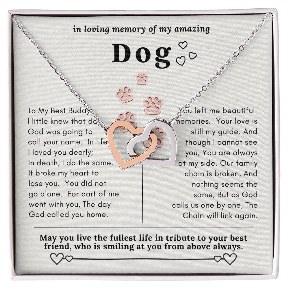 Dog Memorial In Loving Memory Necklace Set Message Card Jewelry Box Interlocking Hearts Necklace