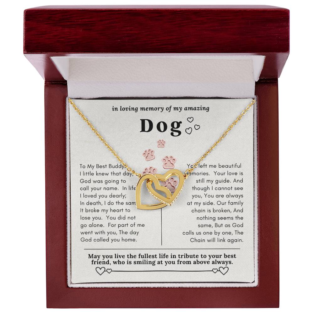 Dog Memorial In Loving Memory Necklace Set Message Card Jewelry Box Interlocking Hearts Necklace