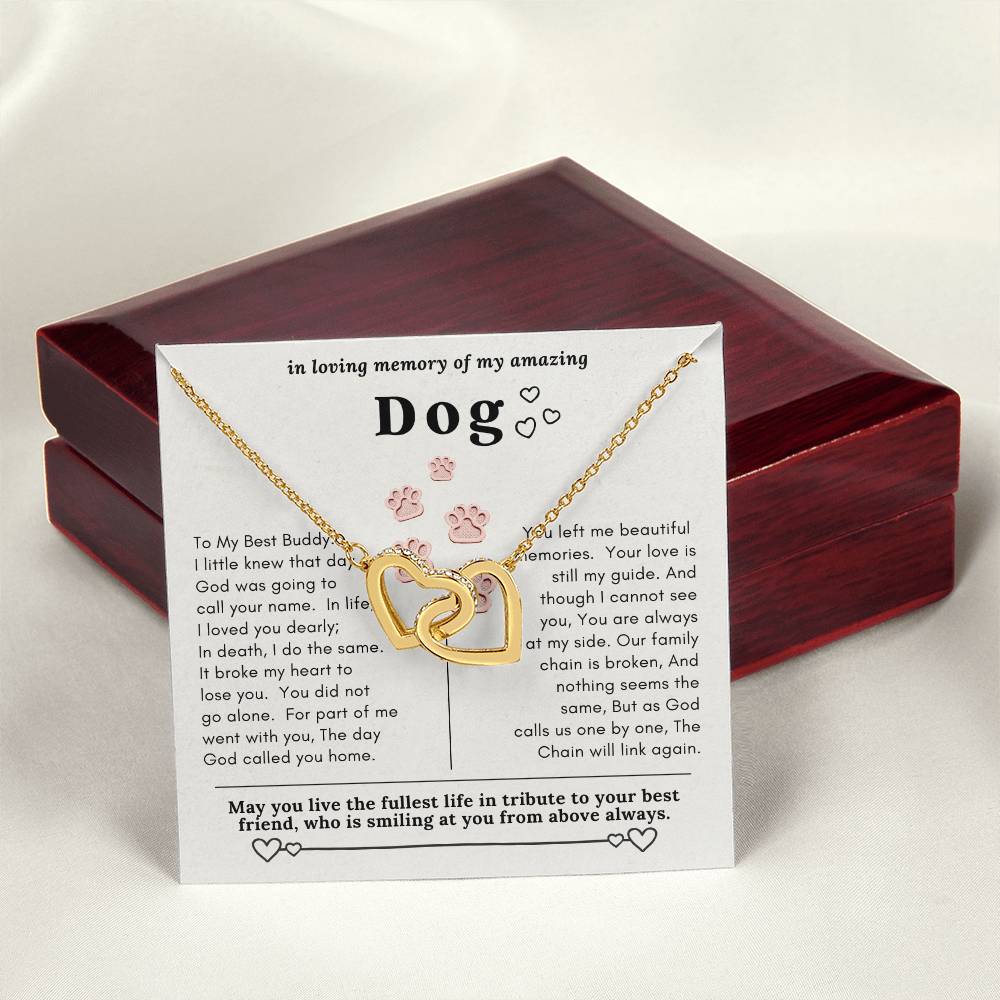 Dog Memorial In Loving Memory Necklace Set Message Card Jewelry Box Interlocking Hearts Necklace