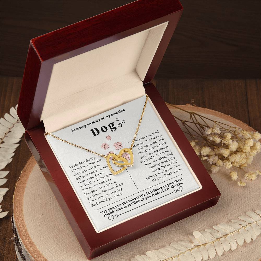 Dog Memorial In Loving Memory Necklace Set Message Card Jewelry Box Interlocking Hearts Necklace