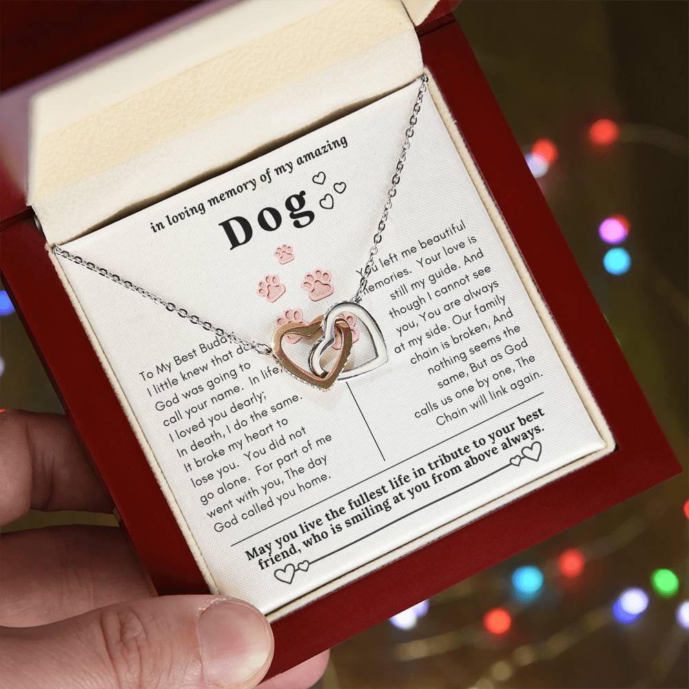 Dog Memorial In Loving Memory Necklace Set Message Card Jewelry Box Interlocking Hearts Necklace