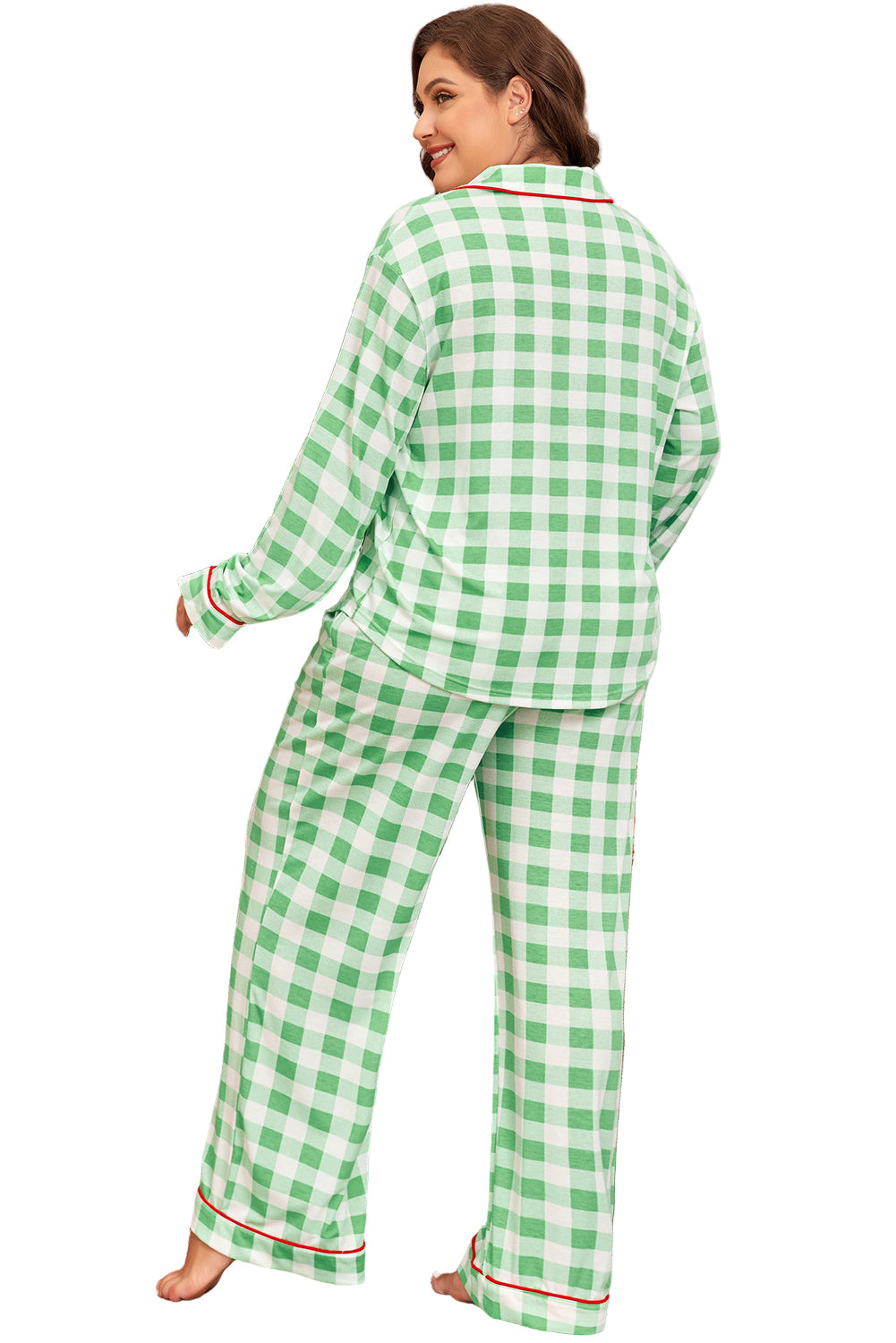 Green Plaid Print Contrast Trim Long Sleeve Pajama Set