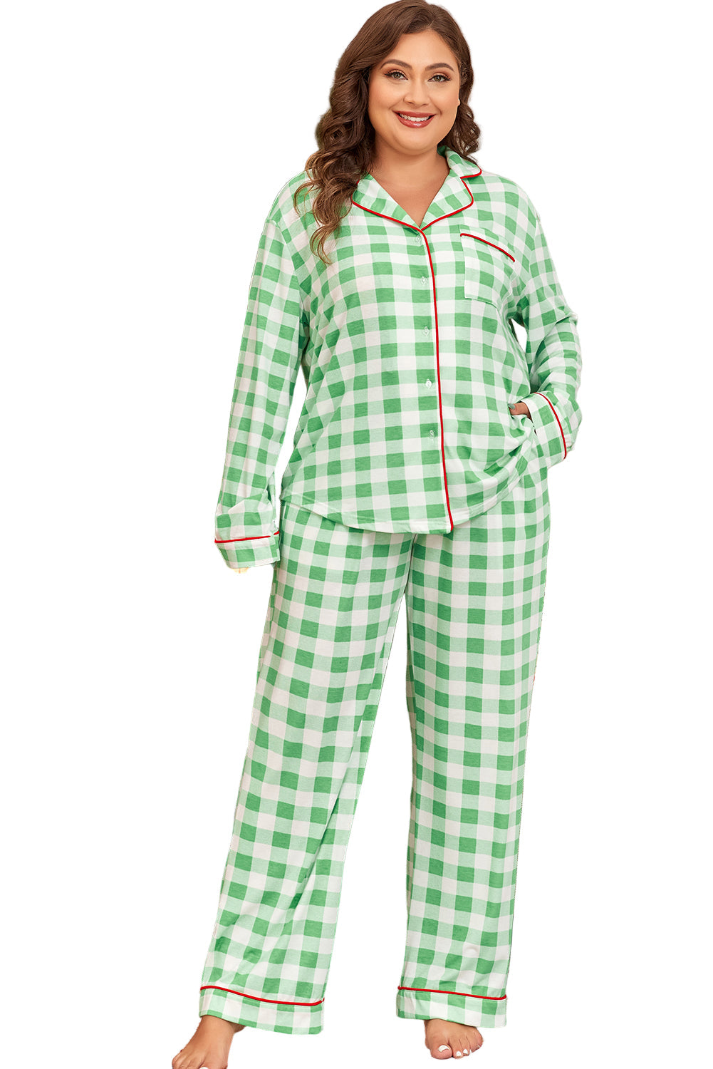 Green Plaid Print Contrast Trim Long Sleeve Pajama Set